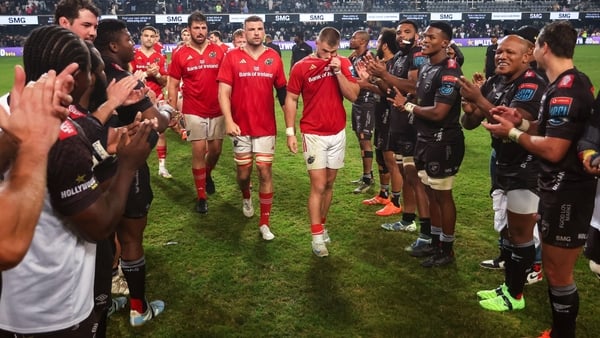 31 May 2025; Munster players are applauded from the field after the game, which they lost via a kick-off, by the Hollywoodbets Sharks after the United Rugby Championship quarter-final match between Hollywoodbets Sharks and Munster at Kings Park Stadium in