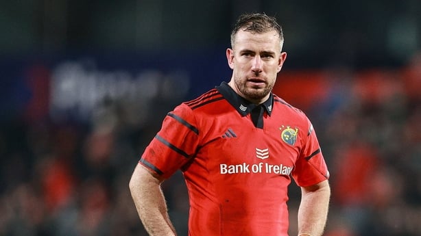 28 February 2026; JJ Hanrahan of Munster wears his club socks during the United Rugby Championship match between Munster and Zebre Parma at Thomond Park in Limerick. Photo by Thomas Flinkow/Sportsfile