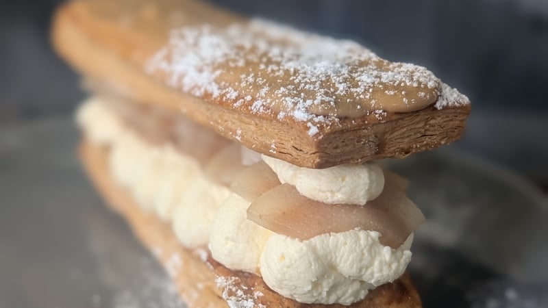 Mags' Irish coffee slice with vanilla cream & whiskey-poached pears