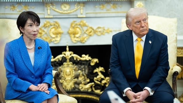 US President Donald Trump and Sanae Takaichi, Japan's prime minister, during a meeting in the Oval Office 
