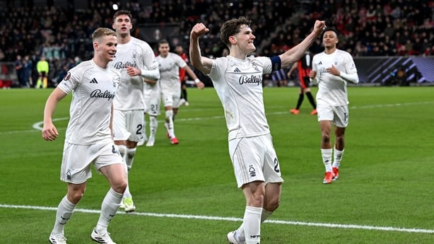 Ryan Yates of Nottingham Forest celebrates scoring his team's second goal during the UEFA Europa League 2025/26 Round of 16 Second Leg match between FC Midtjylland and Nottingham Forest FC at Arena Herning on March 19, 2026 in Herning, Denmark.
