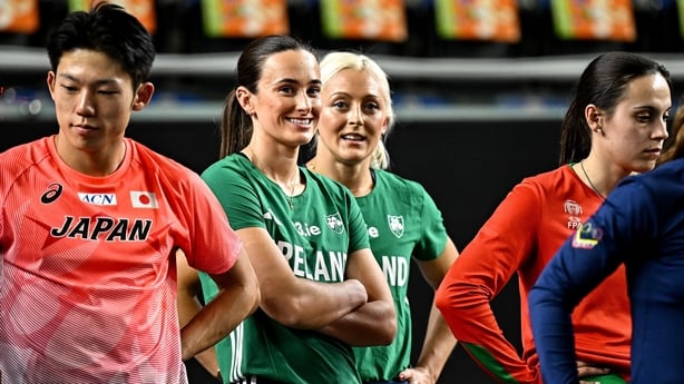 19 March 2026; Ireland teammates Ciara Neville, left, and Sarah Lavin during a training session at Kujawsko-Pomorska Arena in Torun, Poland, ahead of the World Indoor Athletics Championships 2026. Photo by Sam Barnes/Sportsfile