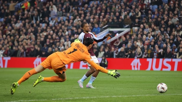 Aston Villa's Leon Bailey scores against Lille at Villa Park