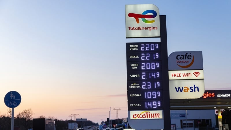 Petrol and diesel prices on a totem sign at a petrol station in Germany