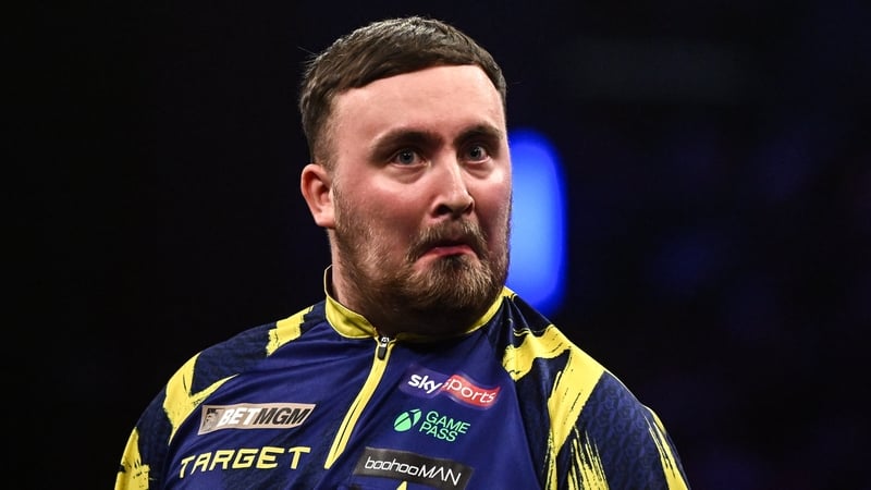 Luke Littler reacts during their final match against Gerwyn Price during the BetMGM Premier League Darts at the 3 Arena in Dublin. (Photo By Ben McShane/Sportsfile via Getty Images)