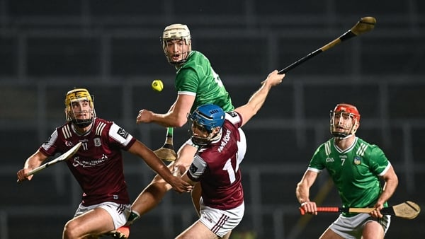 8 March 2025; Galway players Tiernan Killeen, left, and Conor Cooney of Galway and Limerick players Kyle Hayes and Barry Nash during the Allianz Hurling League Division 1A match between Limerick and Galway at TUS Gaelic Grounds in Limerick. Photo by Piara