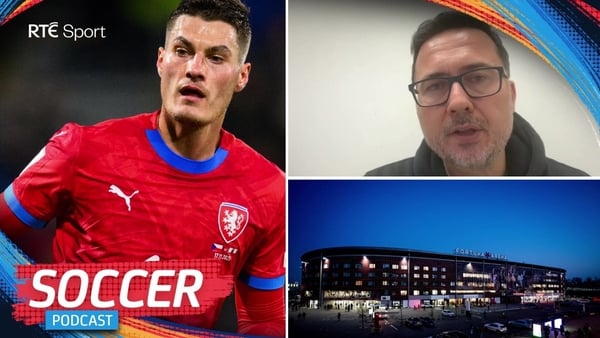 From left to right clockwise: Czech striker Patrik Schick, journalist Jiri Hosek and the Fortuna Arena in Prague