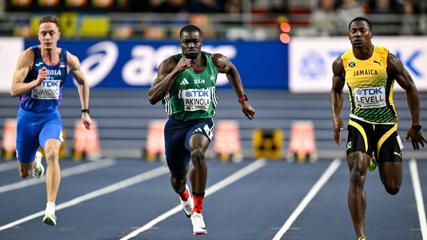 20 March 2026; Bori Akinola of Ireland, centre, on his way to finishing third in his men's 60m heat during day one of the World Athletics Indoor Championships at Kujawsko-Pomorska Arena in Torun, Poland. Photo by Sam Barnes/Sportsfile