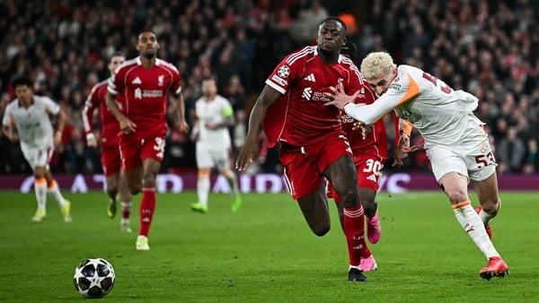 Galatasaray's Turkish forward #53 Baris Alper Yilmaz (R) fights for the ball with Liverpool's French defender #05 Ibrahima Konate during the UEFA Champions League, round of 16 second leg football match between Liverpool and Galatasaray at Anfield in Liver