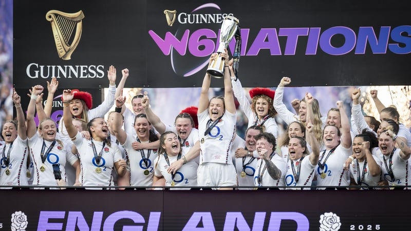 LONDON, ENGLAND - APRIL 26: Zoe Aldcroft of England lifts the Guinness Women's Six Nations trophy, after England defeated France to secure a Grand Slam and be crowned as Six Nations Champions, after the Guinness Women's Six Nations 2025 match between Engl