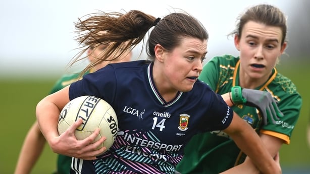 Sinead Walsh of Mayo in action against Mary Kate Lynch of Meath during the 2025 Lidl Ladies National Football League Division 1 match between Meath and Mayo at Páirc Tailteann in Navan, Meath. 