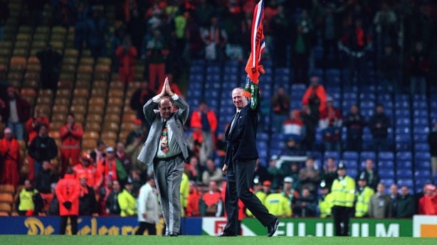 13 December 1995; Republic of Ireland manager Jack Charlton, right, and assistant Maurice Setters applaud the crowd after their side were defeated by Netherlands. European Soccer Championship Qualifying Play-off, Anfield, Liverpool, England. Photo by David Maher/Sportsfile