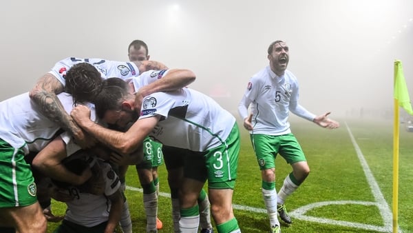 13 November 2015; Richard Keogh, right, Republic of Ireland, celebrates after his team-mate Robbie Brady had scored his side's first goal. UEFA EURO 2016 Championship Qualifier Play-off, 1st Leg, Bosnia and Herzegovina v Republic of Ireland. Stadion Bilin