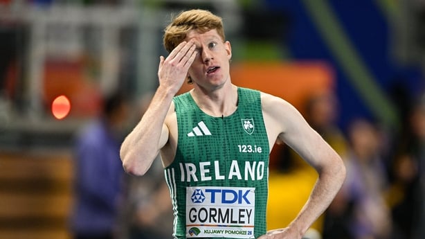 20 March 2026; James Gormley of Ireland reacts after finishing his heat of the men's 1500m during day one of the World Athletics Indoor Championships at Kujawsko-Pomorska Arena in Torun, Poland. Photo by Sam Barnes/Sportsfile
