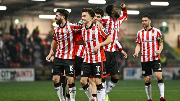 Darragh Markey, right, celebrates with team-mate Brandon Fleming after Derry City's second goal