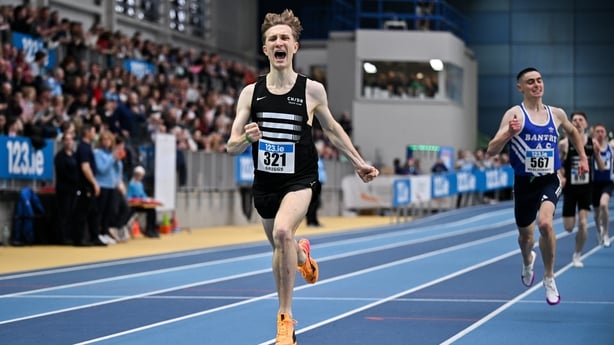 1 March 2026; Nick Griggs of CNDR AC, celebrates winning the men's 3000m during day two of the 123.ie National Senior Indoor Championships at the National Indoor Arena on the Sport Ireland Campus in Dublin. Photo by Sam Barnes/Sportsfile 
