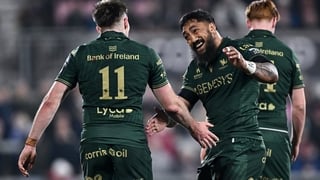20 March 2026; Finn Treacy of Connacht, 11, is congratulated by teammate Bundee Aki after scoring their side's fourth try during the United Rugby Championship match between Ulster and Connacht at Affidea Stadium in Belfast. Photo by Seb Daly/Sportsfile