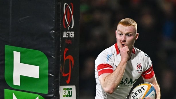 20 March 2026; Nathan Doak of Ulster celebrates before scoring his side's first try during the United Rugby Championship match between Ulster and Connacht at Affidea Stadium in Belfast. Photo by Seb Daly/Sportsfile