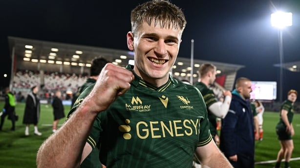 20 March 2026; Finn Treacy of Connacht celebrates after his side's victory in the United Rugby Championship match between Ulster and Connacht at Affidea Stadium in Belfast. Photo by Seb Daly/Sportsfile