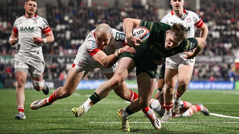 20 March 2026; Finn Treacy of Connacht is tackled by Jacob Stockdale of Ulster on his way to scoring his side's fourth try during the United Rugby Championship match between Ulster and Connacht at Affidea Stadium in Belfast. Photo by Seb Daly/Sportsfile