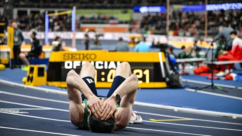 21 March 2026; Mark English of Ireland reacts after finishing fourth in his men's 800m semi-final and failing to progress to the final during day two of the World Athletics Indoor Championships at Kujawsko-Pomorska Arena in Torun, Poland. Photo by Sam Bar
