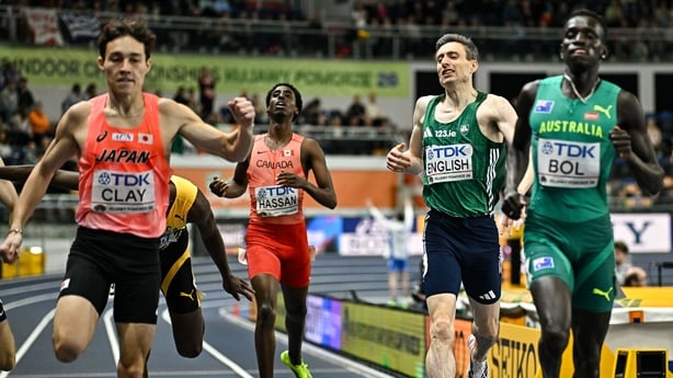 21 March 2026; Mark English of Ireland reacts after finishing fourth in his men's 800m semi-final and failing to progress to the final during day two of the World Athletics Indoor Championships at Kujawsko-Pomorska Arena in Torun, Poland. Photo by Sam Barnes/Sportsfile