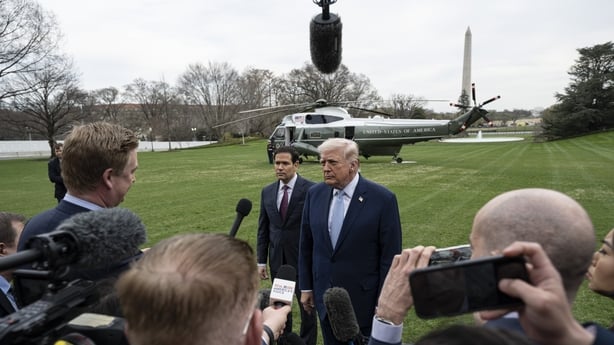 WASHINGTON DC, UNITED STATES - MARCH 20: United States President Donald Trump speaks to the press before his departs the White House en route Miami, Florida on March 20, 2026, in Washington DC. (Photo by Celal Gunes/Anadolu via Getty Images)