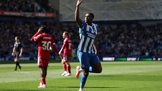 Danny Welbeck of Brighton & Hove Albion celebrates scoring his team's first goal during the Premier League match between Brighton & Hove Albion and Liverpool at Amex Stadium on March 21, 2026 in Brighton, England. (Photo by Justin Setterfield/Getty Images)