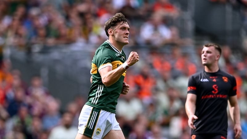 29 June 2025; David Clifford of Kerry celebrates scoring a point during the GAA Football All-Ireland Senior Championship quarter-final match between Armagh and Kerry at Croke Park in Dublin. Photo by Piaras Ó Mídheach/Sportsfile