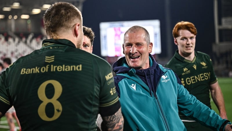 20 March 2026; Connacht head coach Stuart Lancaster and Sean Jansen after their side's victory in the United Rugby Championship match between Ulster and Connacht at Affidea Stadium in Belfast. Photo by Seb Daly/Sportsfile