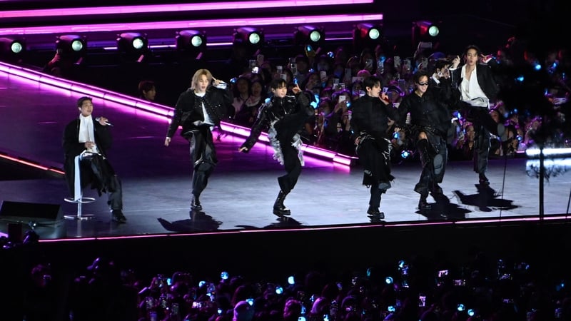 (EDITORIAL USE ONLY) K-pop boy band BTS perform onstage during comeback concert at Gwanghwamun Square on March 21, 2026 in Seoul, South Korea. The free concert is the band's first performance in nearly four years. (Photo by Kim Min-Hee - Pool-Kyodo)
