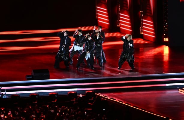 (EDITORIAL USE ONLY) K-pop boy band BTS perform onstage during comeback concert at Gwanghwamun Square on March 21, 2026 in Seoul, South Korea. The free concert is the band's first performance in nearly four years. (Photo by Kim Min-Hee - Pool-Kyodo)