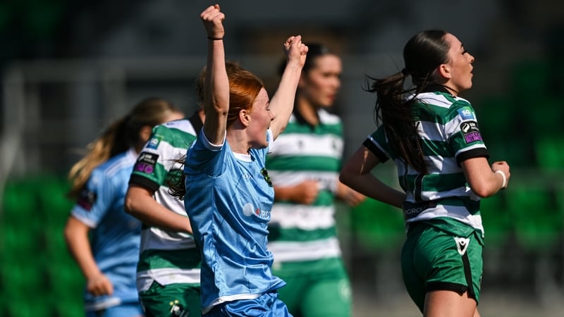 21 March 2026; Sophie Byrne of Peamount United celebrates after scoring her side's first goal during the SSE Airtricity Women's Premier Division match between Shamrock Rovers and Peamount United at Tallaght Stadium in Dublin. Photo by Ramsey Cardy/Sportsf