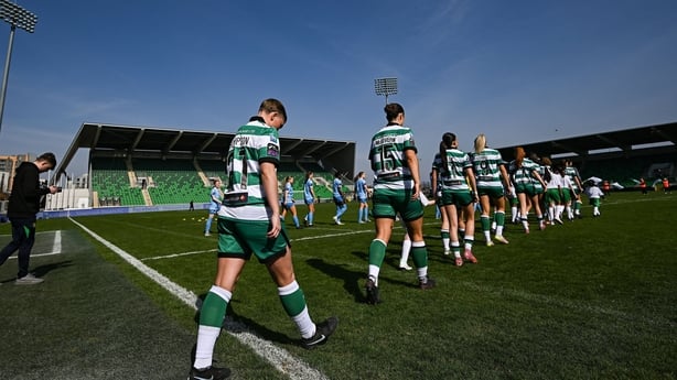 21 March 2026; Jaime Thompson and her Shamrock Rovers teammates walk out before the SSE Airtricity Women's Premier Division match between Shamrock Rovers and Peamount United at Tallaght Stadium in Dublin. Photo by Ramsey Cardy/Sportsfile