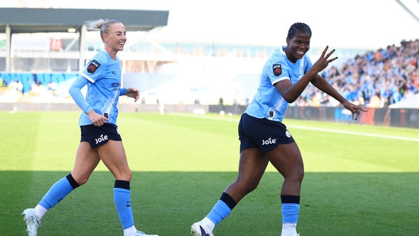 MANCHESTER, ENGLAND - MARCH 21: Khadija Shaw of Manchester City celebrates scoring her team's third goal and hat trick during the Barclays Women's Super League match between Manchester City and Tottenham Hotspur at Joie Stadium on March 21, 2026 in Manche