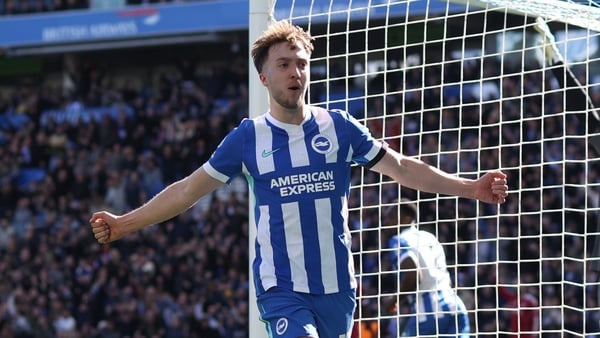 BRIGHTON, ENGLAND - MARCH 21: Jack Hinshelwood of Brighton & Hove Albion celebrates their 2nd goal after providing the assist during the Premier League match between Brighton & Hove Albion and Liverpool at Amex Stadium on March 21, 2026 in Brighton, Unite
