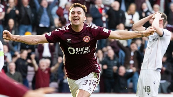 Hearts' Oisin McEntee celebrates scoring to make it 1-0 during a William Hill Premiership match between Heart of Midlothian and Dundee at Tynecastle Park, on March 21, 2026, in Edinburgh, Scotland. (Photo by Mark Scates/SNS Group via Getty Images)