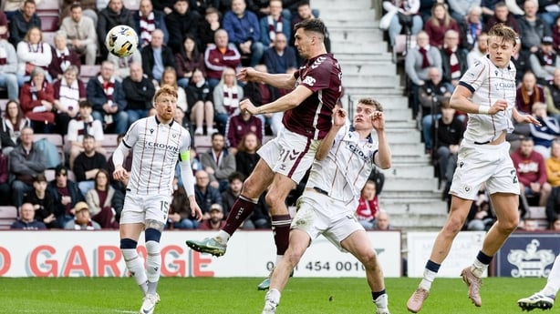 Hearts' Oisin McEntee (centre) scores to make it 1-0 during a William Hill Premiership match between Heart of Midlothian and Dundee at Tynecastle Park, on March 21, 2026, in Edinburgh, Scotland. (Photo by Mark Scates/SNS Group via Getty Images)