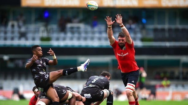 21 March 2026; Jean Kleyn of Munster attempts to block a kick from Grant Williams during the United Rugby Championship match between Hollywoodbets Sharks and Munster at Hollywoodbets Kings Park Stadium in Durban, South Africa. Photo by Shaun Roy/Sportsfile