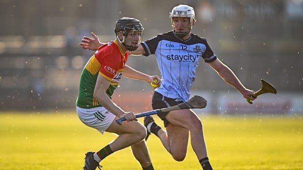21 March 2026; Evan Kealy of Carlow in action against Darragh Power of Dublin during the Allianz Hurling League Division 1B match between Carlow and Dublin at Netwatch Cullen Park in Carlow. Photo by Seb Daly/Sportsfile