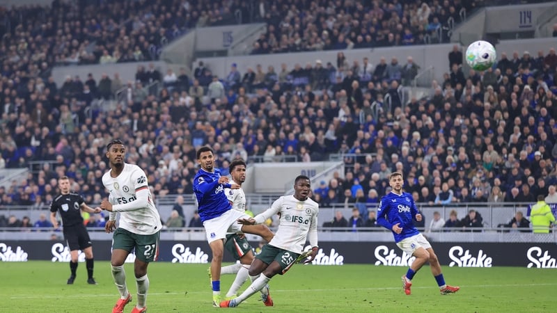 Iliman Ndiaye of Everton (c) scores his side's third goal against Chelsea, Premier League, March 2026