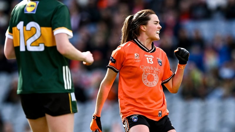 7 April 2024; Aimee Mackin of Armagh celebrates scoring her side's first goal during the Lidl LGFA National League Division 1 final match between Armagh and Kerry at Croke Park in Dublin. Photo by Piaras Ó Mídheach/Sportsfile