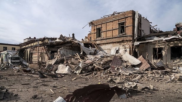 An aftermath view shows damage to Post Office No 8 following Russian airstrikes using K-250 guided bombs in Sloviansk, Ukraine 