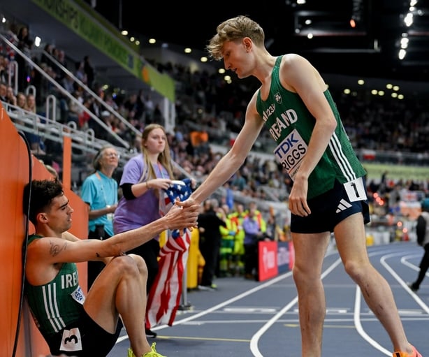 21 March 2026; Andrew Coscoran, left, and Nick Griggs of Ireland after the men's 3000m final during day two of the World Athletics Indoor Championships at Kujawsko-Pomorska Arena in Torun, Poland. Photo by Sam Barnes/Sportsfile