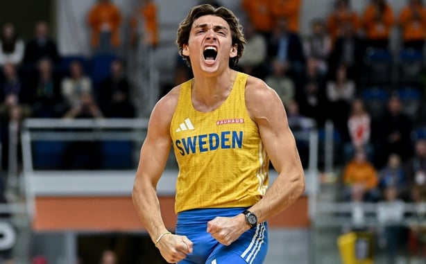 21 March 2026; Armand Duplantis of Sweden celebrates clearing 6.25m in the pole vault during day two of the World Athletics Indoor Championships at Kujawsko-Pomorska Arena in Torun, Poland. Photo by Sam Barnes/Sportsfile