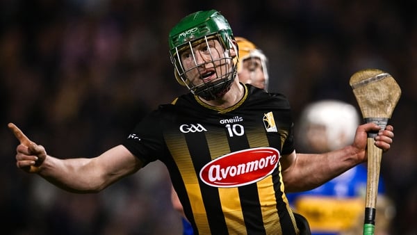 21 March 2026; Mossy Keoghan of Kilkenny celebrates after scoring his side's third goal during the Allianz Hurling League Division 1A match between Tipperary and Kilkenny at FBD Semple Stadium in Thurles, Tipperary. Photo by Ben McShane/Sportsfile