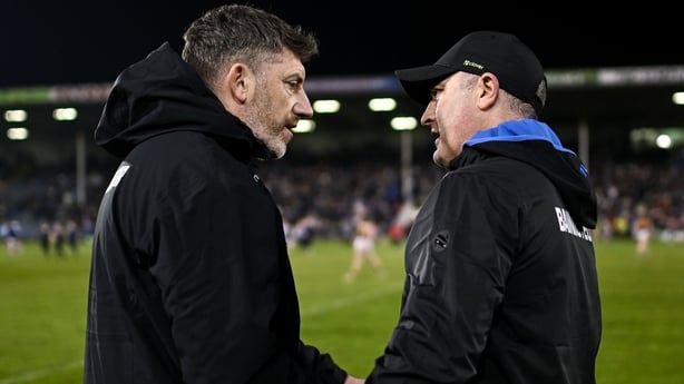 21 March 2026; Tipperary manager Liam Cahill, right, and Kilkenny manager Derek Lyng after the Allianz Hurling League Division 1A match between Tipperary and Kilkenny at FBD Semple Stadium in Thurles, Tipperary. Photo by Ben McShane/Sportsfile