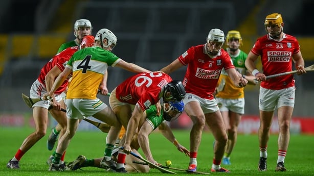 21 March 2026; Jack Clancy of Offaly, 26, in action against Pádraig Power of Cork during the Allianz Hurling League Division 1A match between Cork and Offaly at SuperValu Páirc Ui Chaoimh in Cork. Photo by Tyler Miller/Sportsfile