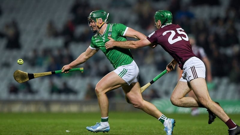 Seán Finn of Limerick in action against Brian Concannon of Galway - 2026 hurling league