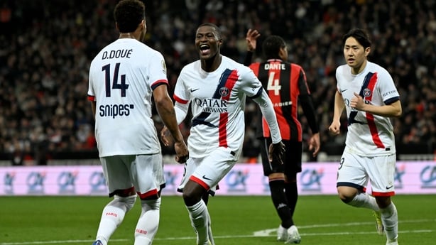 Paris Saint-Germain's Nuno Mendes (c) after scoring against Nice, March 2026